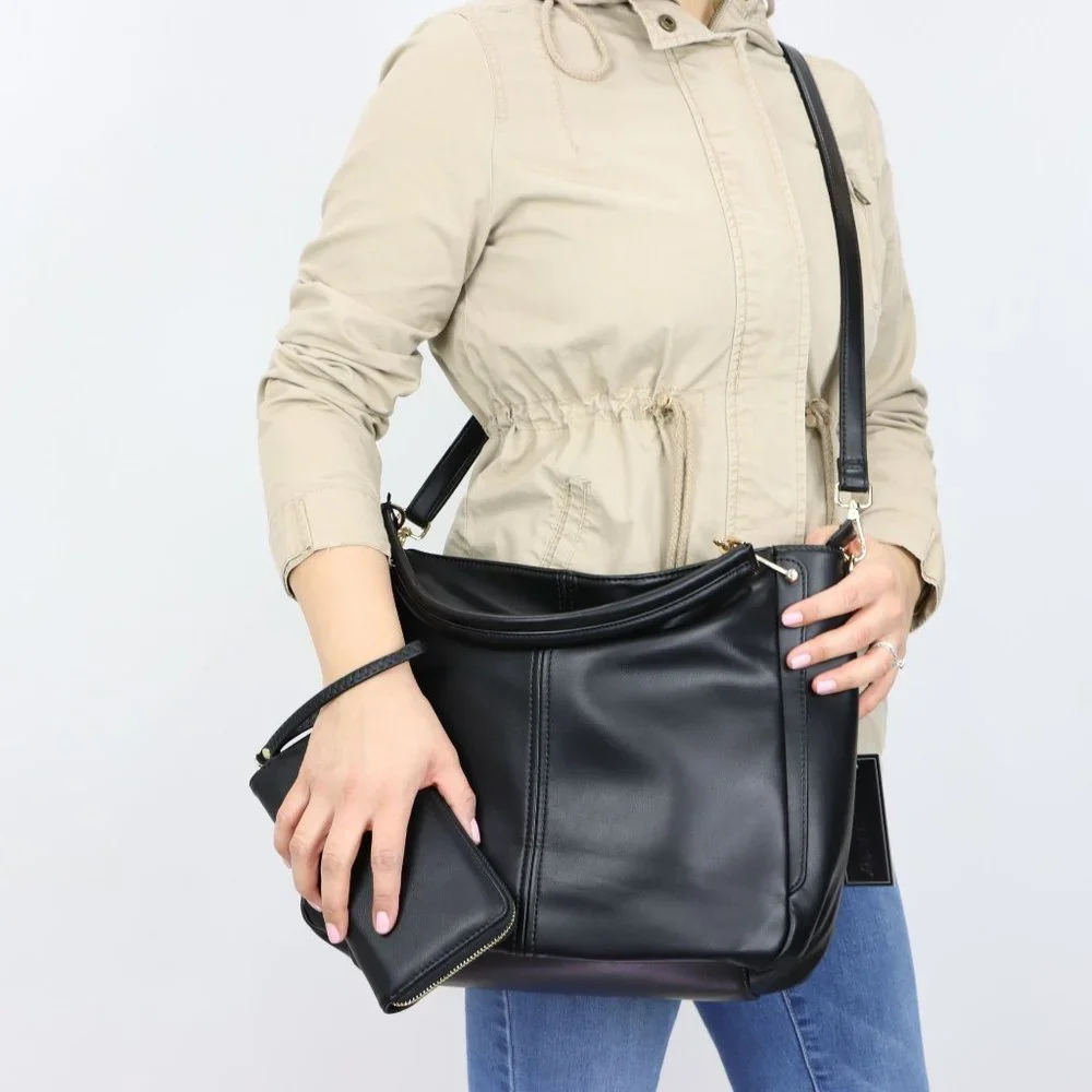 Black Faux Leather Purse and Wallet 2 in 1 Set Tote Hobo Bucket Shoulder Bag - Picture 8 of 12